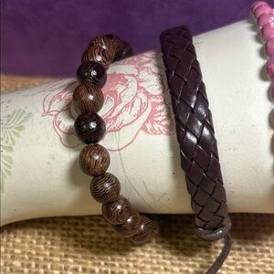Wooden Bead and Braided Leather Bracelet Bundle (A)